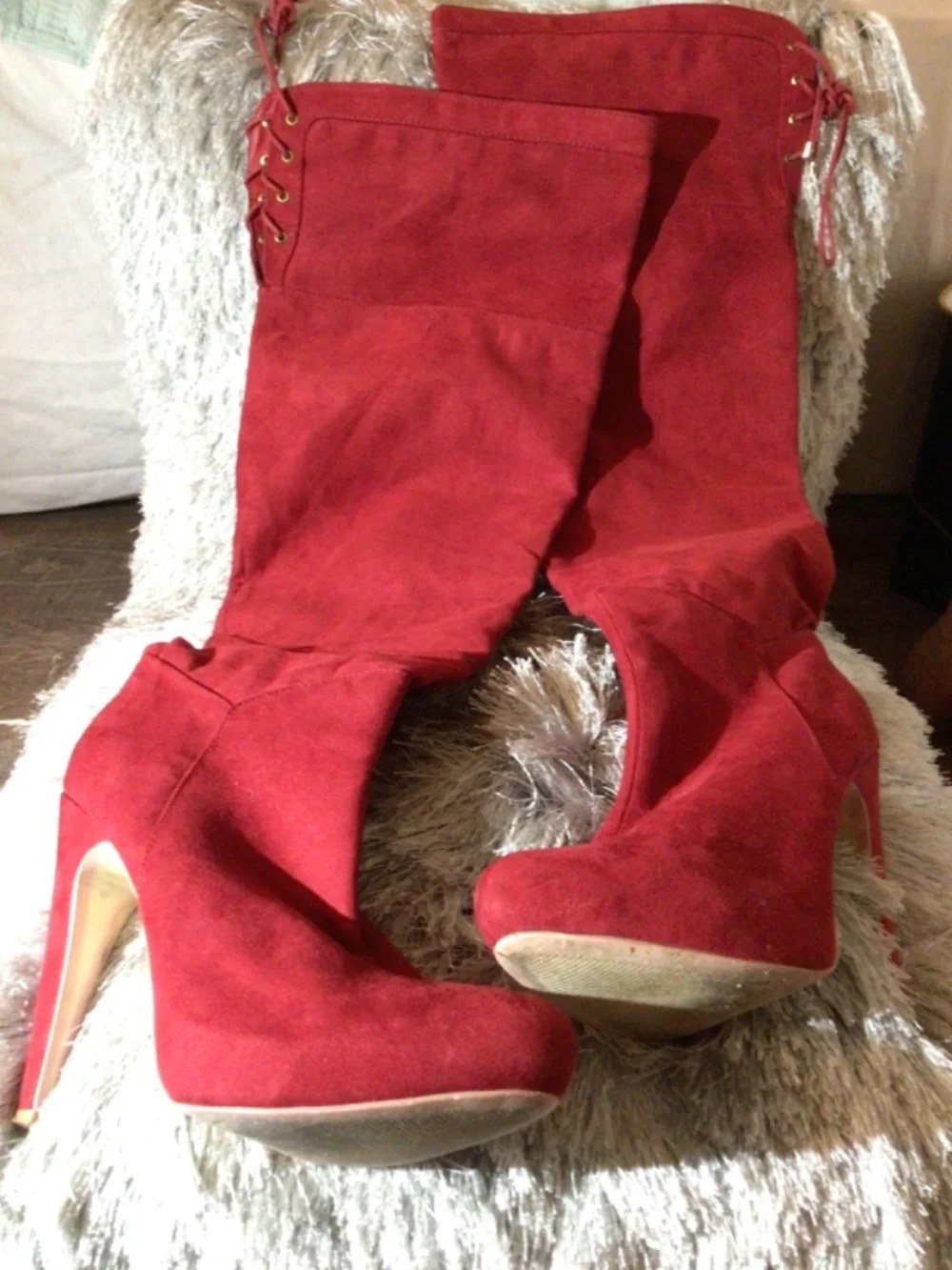 Candy Apple Red suede gold tip lace tie thigh high heeled boot